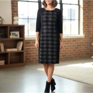 R&M Richards Black Buffalo Plaid Sequin Panel Midi Dress Size 16 Evening Stretch